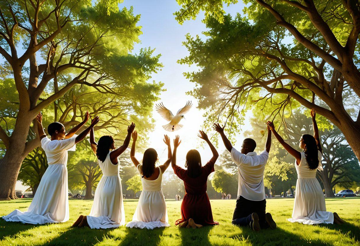 A serene gathering of diverse individuals in a sunlit park, forming a circle with hands joined together, symbolizing unity and divine love. Soft rays of light filter through lush trees, illuminating their joyful expressions, while gentle doves fly overhead. In the background, a subtle hint of a church steeple and blooming flowers enhance the sense of community and faith. warm colors, ultra-realistic, uplifting atmosphere.