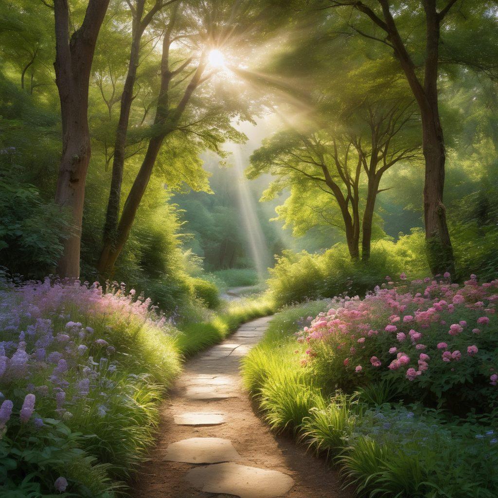 A serene landscape featuring a winding path through lush greenery, with diverse individuals of various ages and backgrounds walking together, deep in prayer. Soft rays of sunlight filter through the trees, illuminating their peaceful expressions. Include gentle streams and blooming flowers to enhance the feeling of tranquility and reflection. ethereal, soft colors, tranquil atmosphere, inspirational.